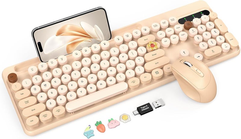 Trueque Wireless Keyboard and Mouse Combo, Retro Round Keycaps, Cute Full-Size Typewriter Keyboard with Phone Holder, Sleep Mode, 2.4GHz Cordless Connection for Windows/PC/Laptop (Milk-Tea Colorful) - Image 1